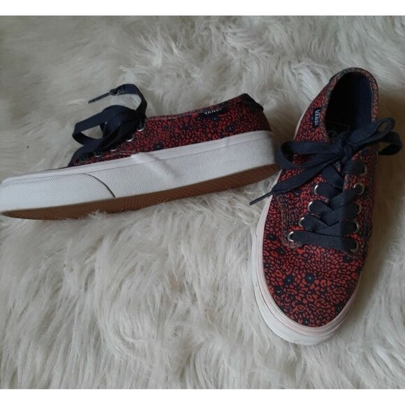 Vans Sneakers Red &amp; Navy Blue Floral Canvas Skater Shoes Size 5.5 - Picture 1 of 4